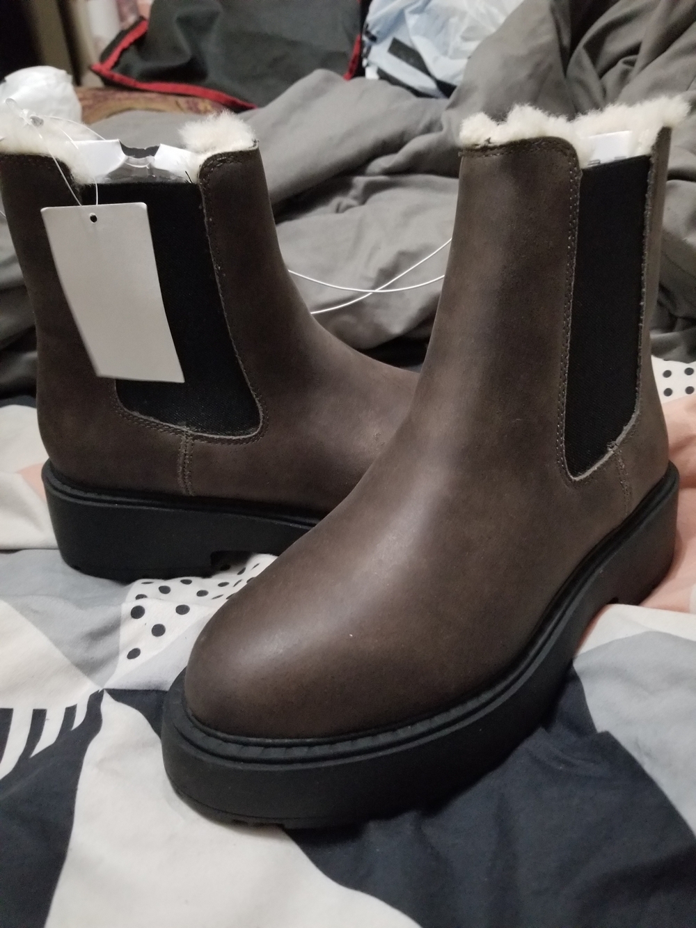 H&M Dark Brown Faux-Shearling Chelsea Platform Ankle Boots